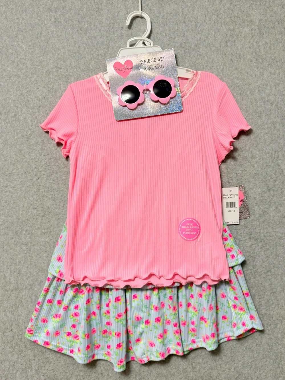 Freestyle Girls Skort and Tee Set NWT Size 10 Pink Blue Floral Ribbed
